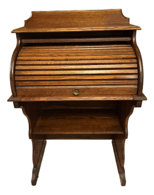 Antique Quarter Sawn Solid Oak Child's Roll Top Trestle Desk - Original Brass