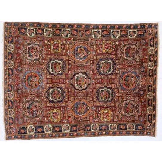 This master piece is a wool pile genuine hand made very fine Vintage Persian Bakhtiar carpet with a very unique pattern-