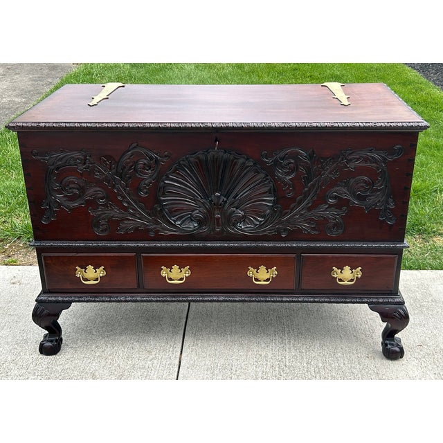 Antique Solid Mahogany Shell Carved Claw Foot Centennial Blanket Chest For Sale - Image 13 of 17