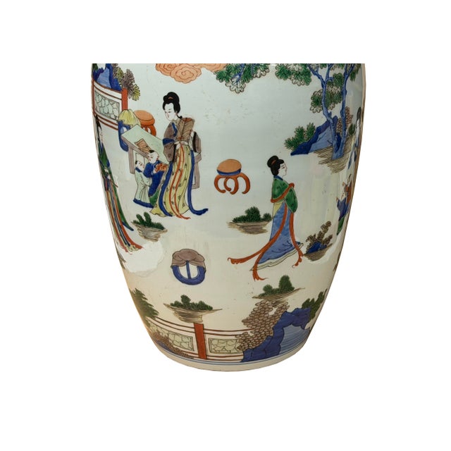 Oriental Color Family Gathering Graphic White Base Porcelain Jar For Sale - Image 12 of 18
