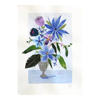 Blue Flowers From the Garden - Still Life Collage Mixed Media Artwork on Paper Original Artwork by Maria C Bernhardsson For Sale