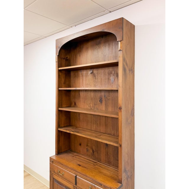 Late 20th Century Handmade Pine Walnut Tone Bookcase Desk Drawers Cabinet Antique Style For Sale - Image 5 of 16