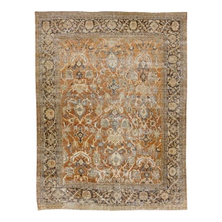 1900s Rust Antique Persian Mahal Handmade Distressed Wool Rug With Floral Design For Sale