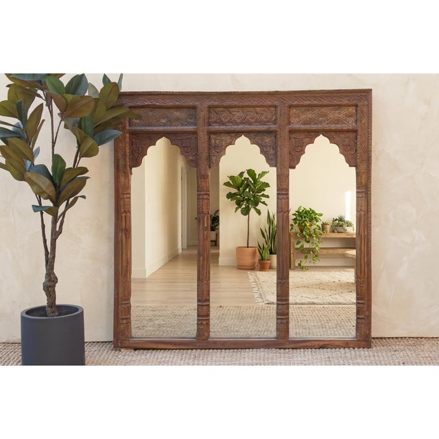 Contemporary Vintage Mandala Arched Carved Wall Mirror For Sale - Image 3 of 8