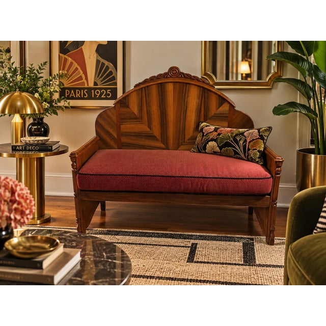 Charming art deco sunburst wooden bench with nicely upholstered cushion. The book matched walnut veneer, sunburst back,...