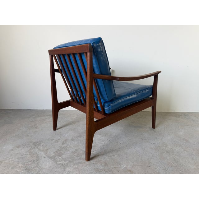 Blue Mid Century Ib Kofod Larsen Style Scandinavian Lounge Chair With Blue Leather Cushions For Sale - Image 8 of 18