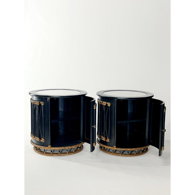 Black Pair of Oversized Round Bamboo and Rattan Nightstands or Accent Tables For Sale - Image 8 of 12