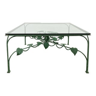 Vintage Green Cast Iron Ivy Motif Glass Top Coffee Table For Sale