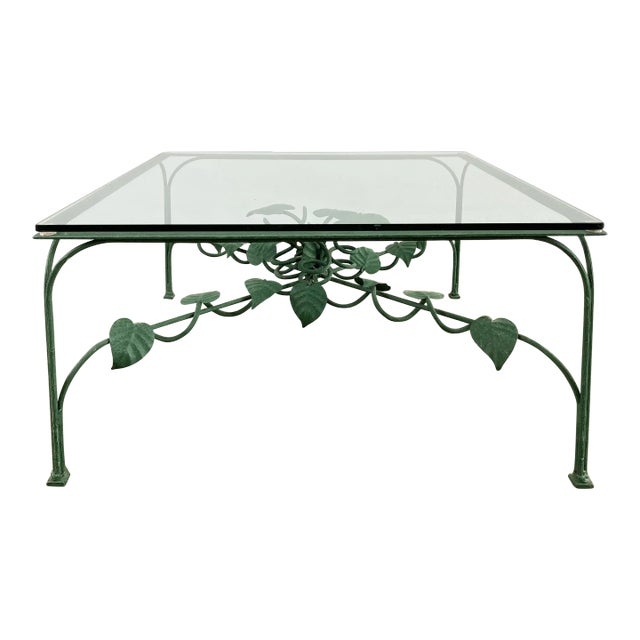 Vintage Green Leaf Motif Iron Glass Top Coffee Table For Sale