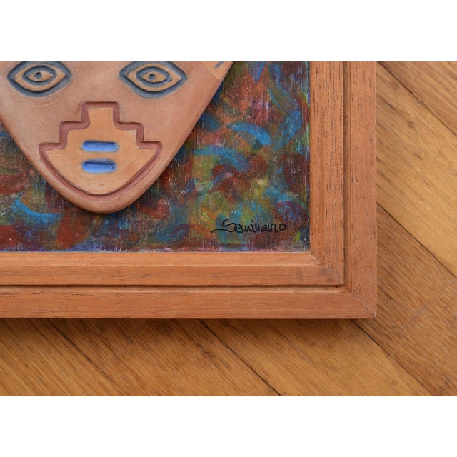 Wood Signed Peruvian Pottery Folk Art on Painting, Framed For Sale - Image 7 of 10