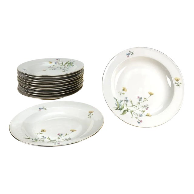 Vintage Ceramic Soup Plates with Floral Decorations and Golden Edging from Seltmann Weiden, Bavaria, Set of 12 For Sale