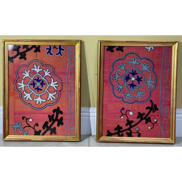 Pair of 19 Century Antique Silk Suzani Wall Hanging For Sale - Image 9 of 12