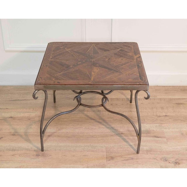 1980s French Coffee Table with Old Wind Rose Parquet Top and Wrought Iron Base For Sale In Atlanta - Image 6 of 7