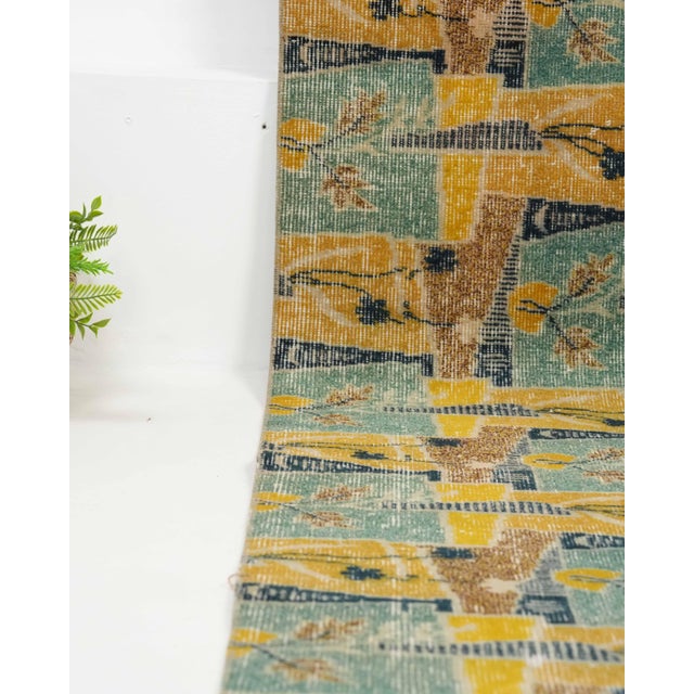 1970s Vintage Turkish Handmade Wool Cotton Green Yellow Runner Rug For Sale - Image 4 of 11