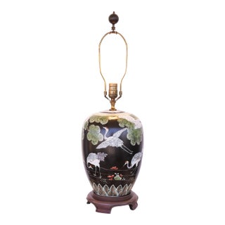 1970s Asian Chinoiserie Crane & Pine Trees Handpainted Matte Black Ceramic Ginger Jar Table Lamp For Sale