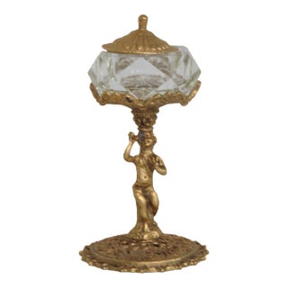 Dar Glo Ny Lidded Glass Salt Cellar on Gilt Brass Filigree Cherub Pedestal 5011b For Sale