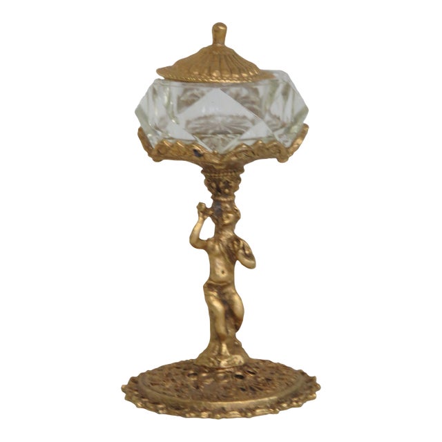 Dar Glo Ny Lidded Glass Salt Cellar on Gilt Brass Filigree Cherub Pedestal 5011b For Sale