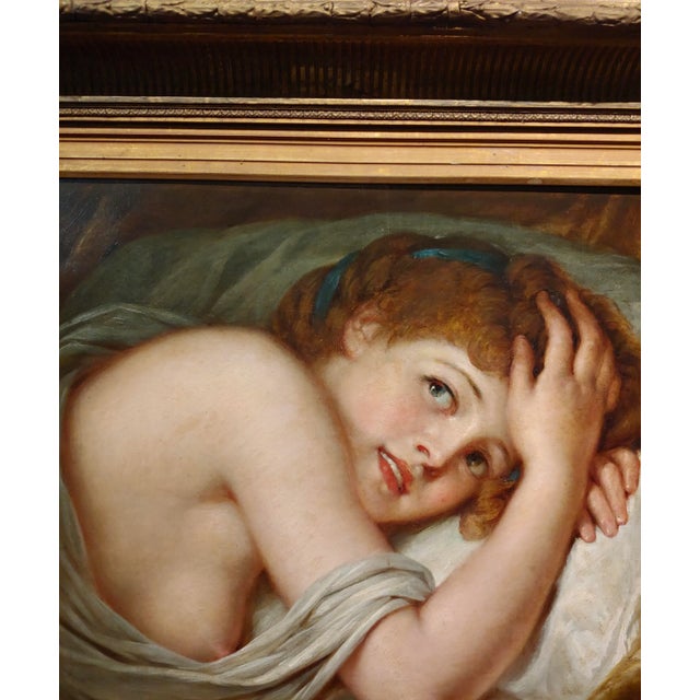 Textile Young Woman Playful in Bed -19th Century Oil Painting For Sale - Image 7 of 12