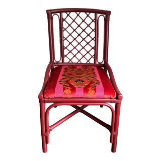 Red Rattan Chair in Schumacher’s Jokhang Tiger Velvet in Pink & Red For Sale