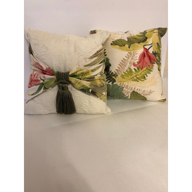 Hollywood Regency Custom Hollywood Regency Chinoiserie Damask Pillows With Tropical Sash and Tassels - A Pair For Sale - Image 3 of 3