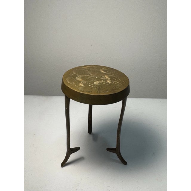 Vintage Mini Brass Pedestal Table Trivet Plant Stand 3” Round Etched Top For Sale - Image 4 of 9