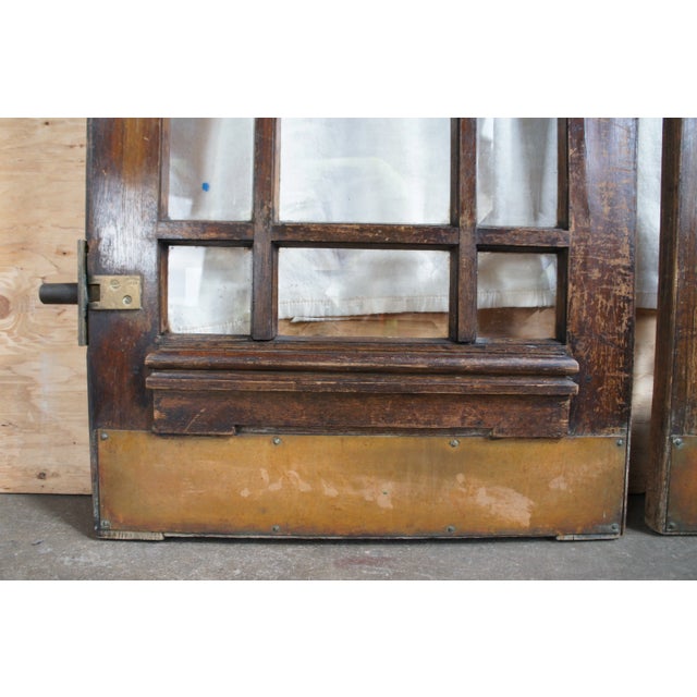 Set of 2 Reclaimed Mid-Century Oak Mission Craftsman Beveled Glass French Swing Double Doors For Sale - Image 10 of 12
