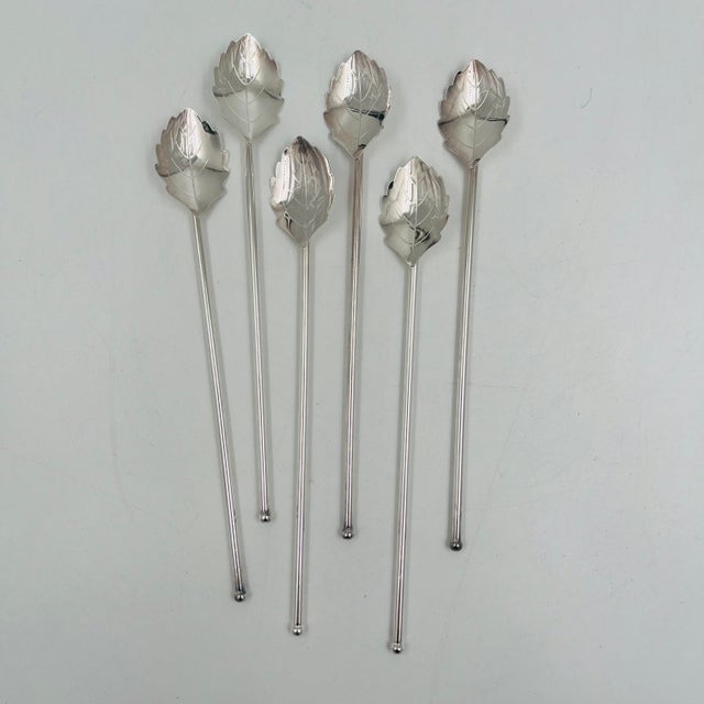 Silver Mid-Century Modern Silverplate Leaf Design Cocktail Stirrer Straws Sipper Spoons Denmark - Set of 6 For Sale - Image 8 of 16