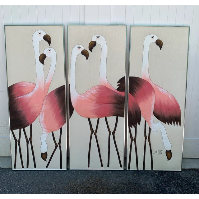 Pink Hand Painted Flamingo Triptych on Fabric For Sale - Image 8 of 13