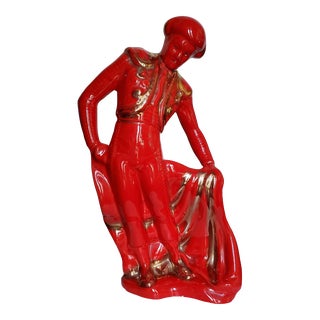 1950s Tall Red Glossy Gilded Ceramic Figurine of a Matador Bullfighter For Sale