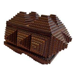 Antique Sculptural Folk Art Tramp Art Wood Box For Sale