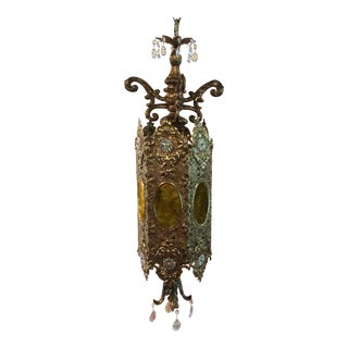 Vintage 60's Brass Filagree With Opalescent Crystals Swag Pendant Light For Sale