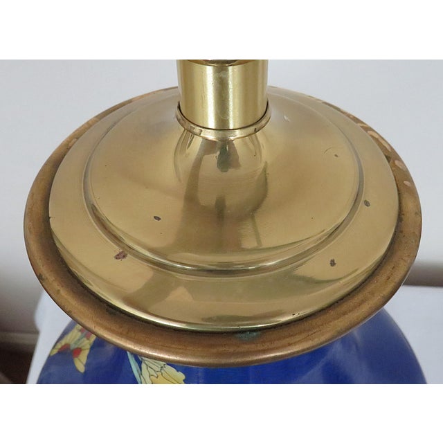 Late 20th Century Chinese Cloisonne Table Lamps With Flowers & Butterfly in Cobalt Blue - a Pair For Sale - Image 9 of 10