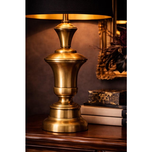 Late 20th Century Vintage Sunlit Brass Baluster Table Lamp With Black & Gold Lined Drum Shade — 27” H For Sale - Image 5 of 5