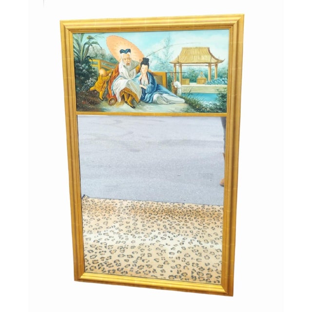 Chelsea House Inc Vintage Chinoiserie Pagoda Fishing Village Gold Leaf Framed Trumeau Oil Painted Wall Mirror For Sale - Image 4 of 6