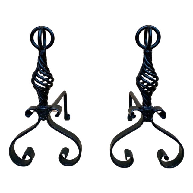 19th Century French Wrought Iron Andirons, Set of 2 For Sale