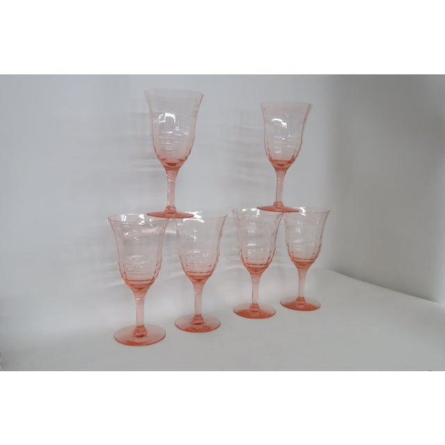 Early 20th Century Pink Stem Depression Glass Ribbed Glassware Wine Water Drink Goblets 4752b - 6pc For Sale - Image 13 of 15