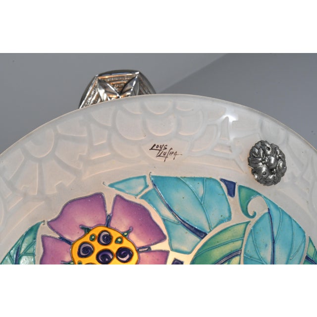 Metal Loys Lucha French Art Deco Pendant Light 1930s - Purple Turquoise Floral Enameled Bowl For Sale - Image 7 of 11