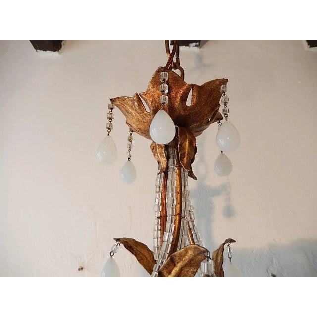 French French Tole Beaded Roses and White Opaline Drops Chandelier For Sale - Image 3 of 10