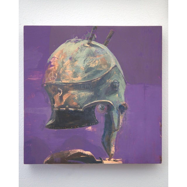 This artwork features a striking helmet, rendered with a metallic sheen against a vibrant purple background. The...