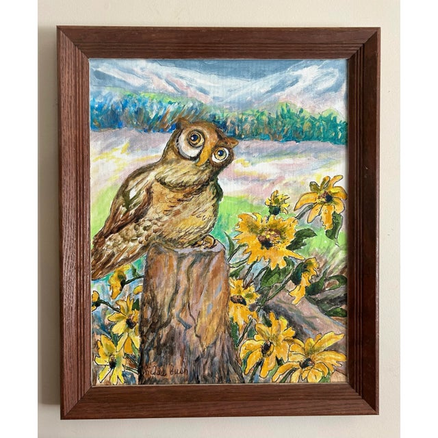Vintage original impressionist oil painting on canvas board of a landscape with an owl. Estate find from the Finger Lakes...