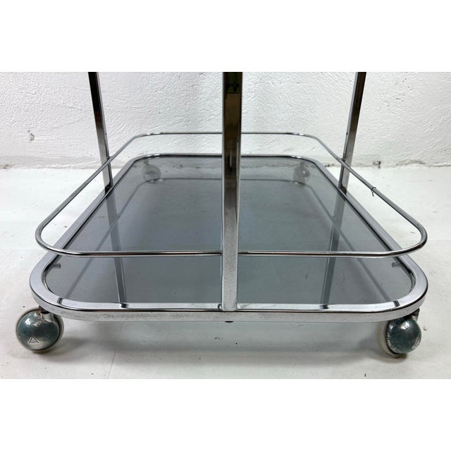 1940s Early 20th Century Art Deco Chrome and Smoked Glass Bar Cart For Sale - Image 5 of 12