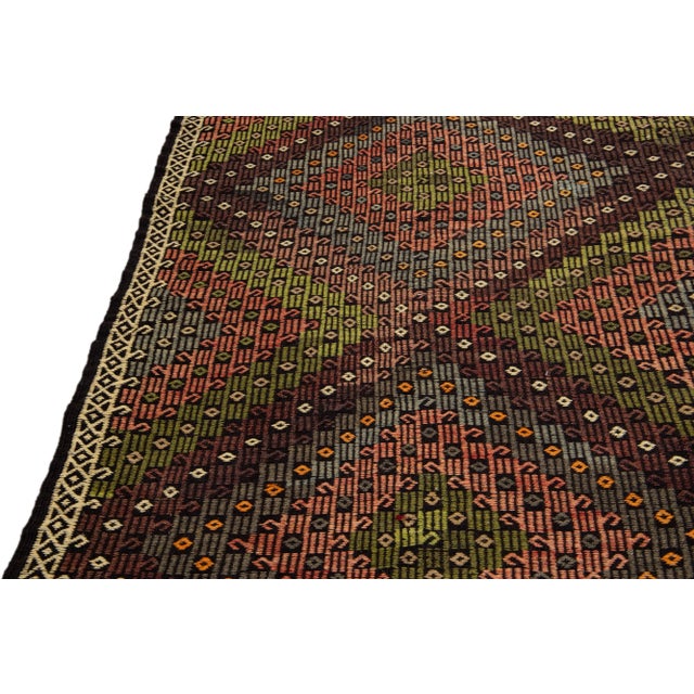 Brown and Green Modern Soumak Handmade Geometric Designed Wool Rug For Sale - Image 10 of 13