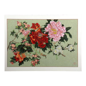 1980s An-Li Han "Spring Peonies" Hand Signed LTD Ed Serigraph Art, Floral Chinese