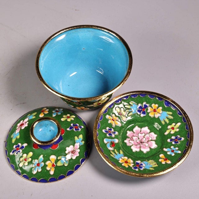 Vintage Cloisonne Enamel Lidded Tea Bowls Gaiwan Sets - Pair For Sale In Los Angeles - Image 6 of 8
