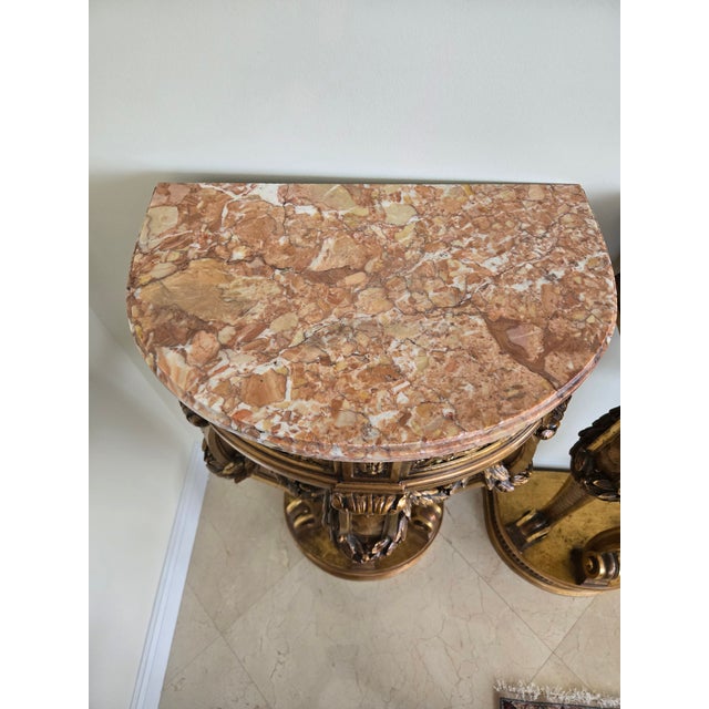 Pair of French Louis 16th Style Giltwood Rouge Marble Top Corner Tables - A Pair For Sale - Image 13 of 14