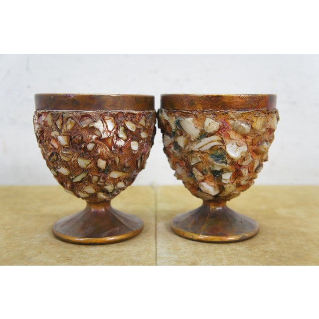 Vintage Amethyst Glass Bronzed Shell Stone Urns Folk Art Mosaic Lidded Chalices For Sale - Image 6 of 13