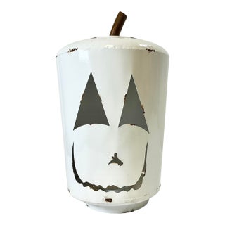 Vintage Bogo Chic Farmhouse Americana Metal White Jack-O-Lantern Pumpkin Candleholder. For Sale