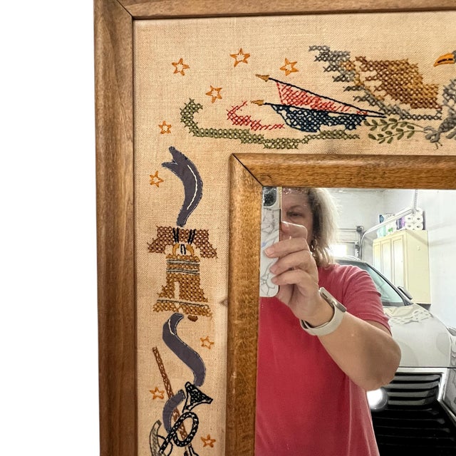 Farmhouse Mid Century Americana Cross Stitch and Applique Border Mirror For Sale - Image 3 of 12