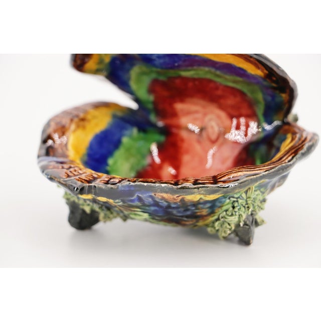 1920s Pair of Two Majolica Oyster Shell Salt Cellars With Mussel Shells Feet, Portuguese Palissy Ware, Earthenware For Sale - Image 6 of 17