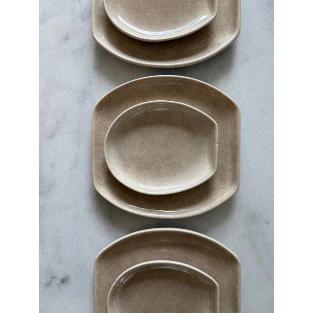 Set of 6 rare mid century plates made in California by Denwar Bantu. Handmade and signed taupe speckle plates, each plate...